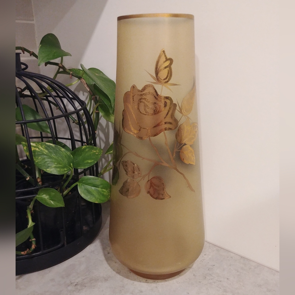 Vintage Antique Bohemian (Moser ?)Frosted Vase with Gold Flowers Design. MCM